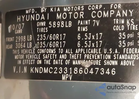 2008 Hyundai Entourage Gls/Limited z USA, uszkodzony, nr VIN KNDMC233186047346